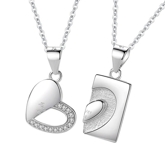 Collar de Plata ley 925 para pareja Corazon de la mitad Zirconia Brillante Set de Collar de Amor